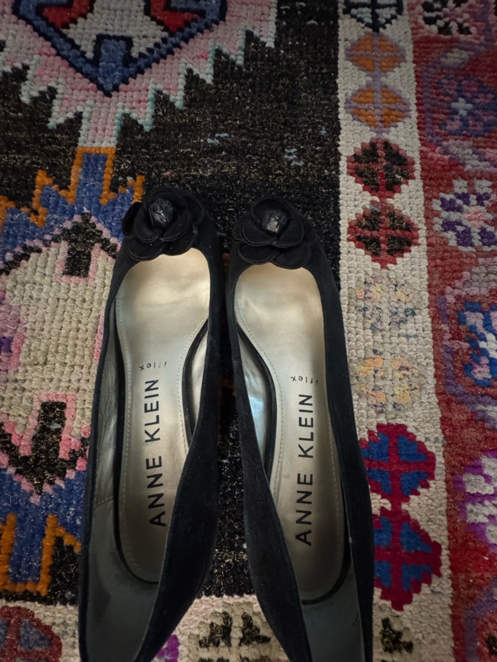 Anne Klein Black Suede Flower-Accent Ballet type low heels